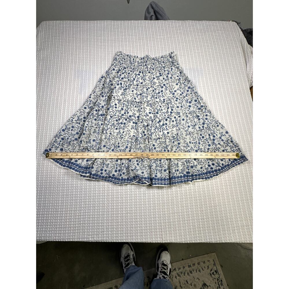 Floral Tiered Mini Skirt Blue White Cottagecore Boho Smocked Waist Cute size L - Picture 3 of 6